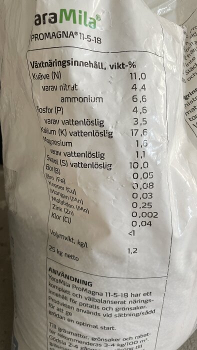 Närbild av en säck YaraMila PROMAGNA 11-5-18 gödsel, med detaljerat näringsinnehåll och användningsinstruktioner för växter.