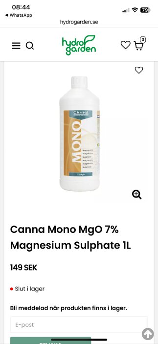 Flaska med CANNA Mono Magnesium Sulfate gödsel, 7% MgO, som används för växter.