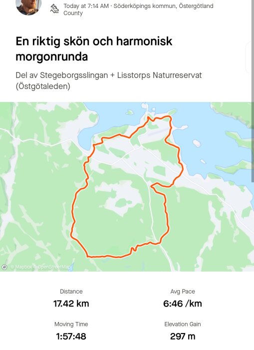 Karta som visar en löprunda på 17.42 km i och omkring Stegeborgslingan och Listorps Naturreservat.