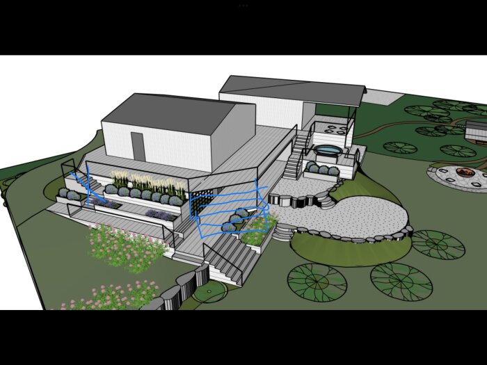 3D-planering av en trädgård med höjdskillnader, stentrappor, altan och växtligheter.