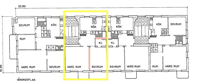 Ritning från 1940-talet med markerade väggar i rosa och en gul ram, planerade för rivning i en lägenhet.
