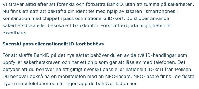 Skärmdump av en webbsida med text om att skaffa BankID med svenskt pass eller nationellt ID-kort.