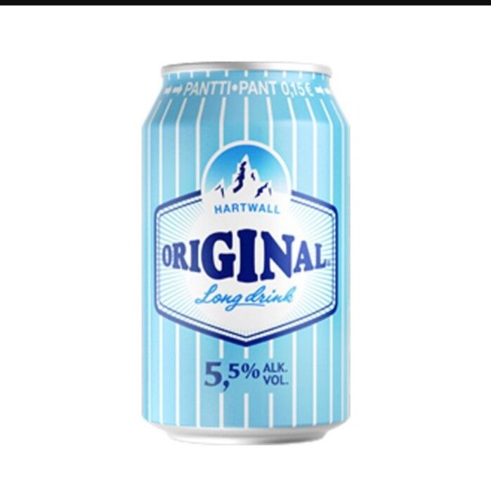 Burk av Hartwall Original Long Drink med 5,5% alkoholvolym mot randig bakgrund.