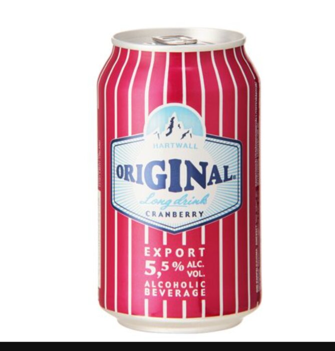 Hartwall Original Long Drink Cranberry burk med rödvita ränder och blå text.