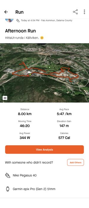 Skärmavbild av löpaktivitet med karta, distans 8 km, tid 46:20, tempo 5:47/km, höjdökning 147 m, 577 kalorier.