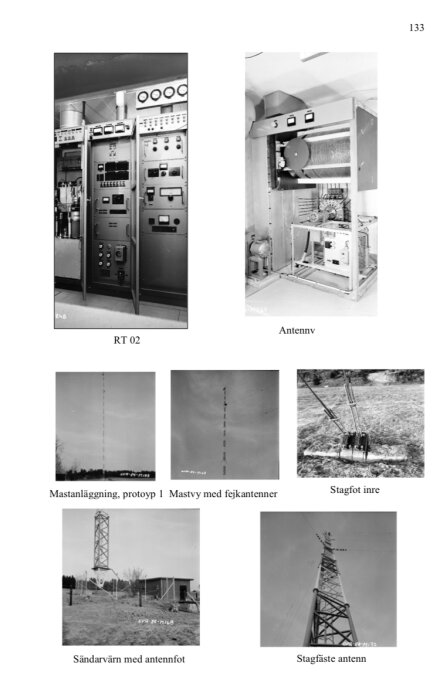 Svartvita bilder av militär telekommunikationsutrustning och antenner från en gammal bunker.