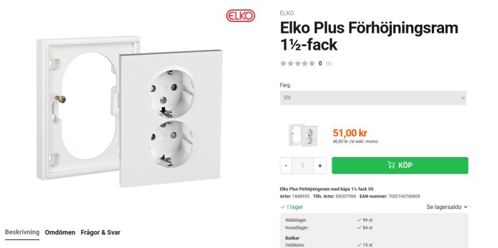 Elko Plus Förhöjningsram 1½-fack i vitt, separerat och monterat, med priset 51,00 kr.