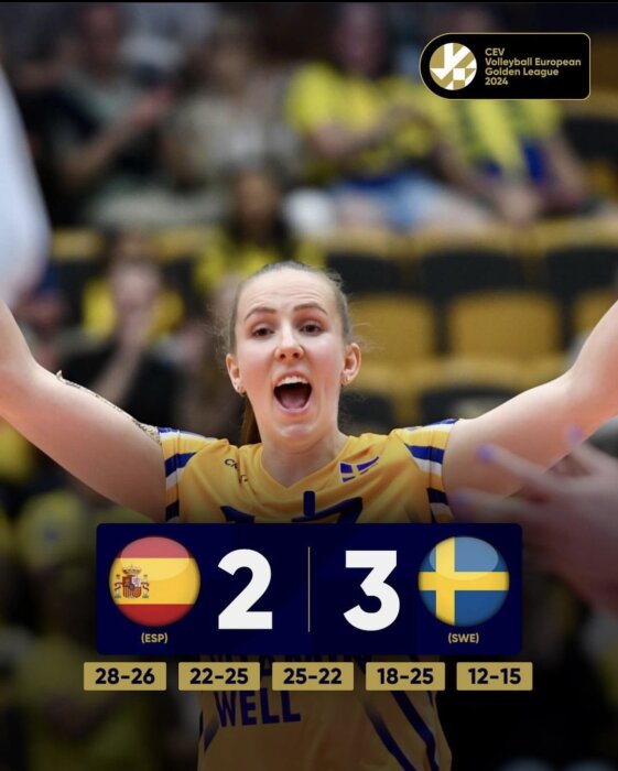 Glad volleybollspelare firar vinst med poängtavlan som visar Sverige slår Spanien 3-2 i Golden League.
