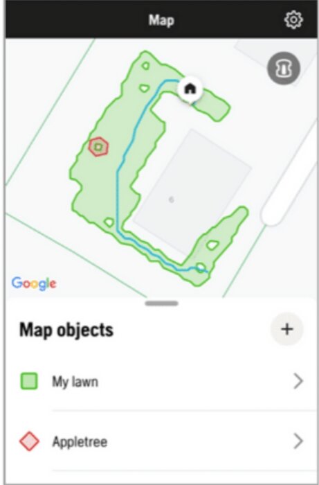 Skärmklipp av en app som visar en karta över en gräsmatta med begränsningsslinga och guidekabel för en robotgräsklippare.
