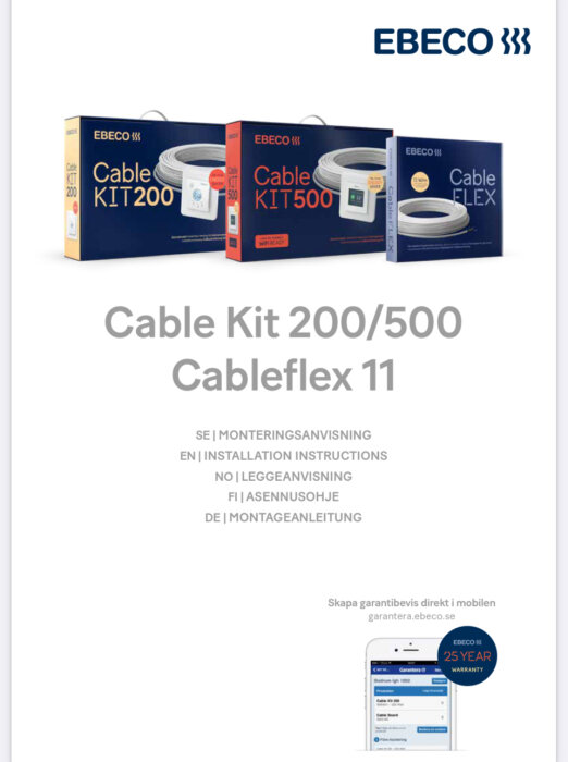 EBECO Cable Kit för golvvärme med instruktionsmanual på olika språk och 25 års garanti.