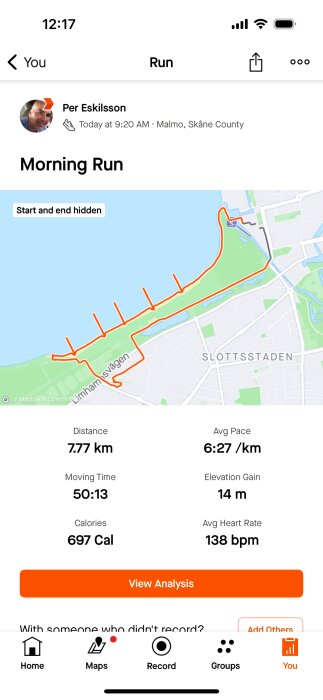 Skärmdump av löpningsapp med karta och statistik för en 7.77 km morgonlöpning i Malmö.