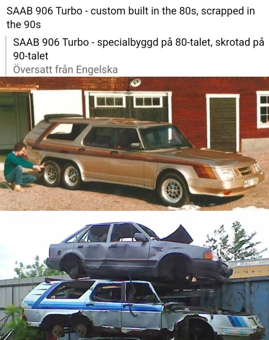 En person böjer sig vid en ombyggd SAAB 906 Turbo på 80-talet, och skrotade rester av bilen på 90-talet.