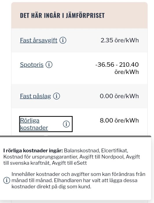 Skärmavbildning av elprisjämförelse som visar fasta årsavgifter, spotpriser och rörliga kostnader per kWh.