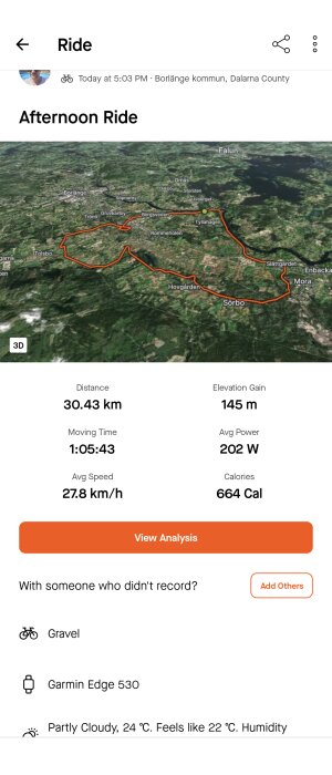 Cykeltur, 30.43 km, med statistik och satellitkarta över rutt i Borlänge och Falun, Sverige.