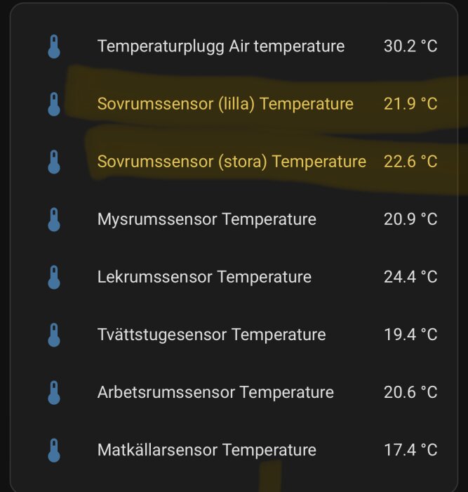 Skärmbild av en app som visar olika rumstemperaturer i ett smart hem-system.