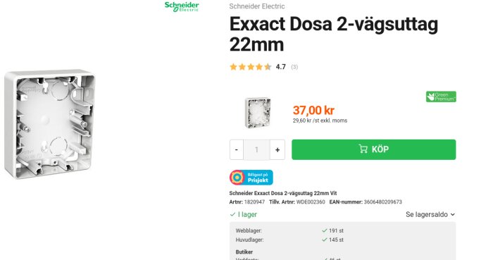 Vit Exxact-dosa för 2-vägsuttag, tom utan utrustning, isolerad mot vit bakgrund.