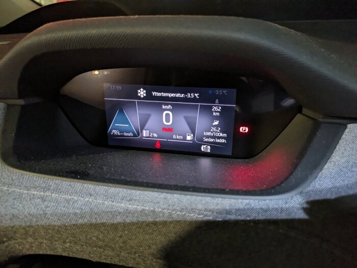 Bild av en bilens instrumentpanel som visar 0 km/h, 2% batteri och -3,5°C yttertemperatur.