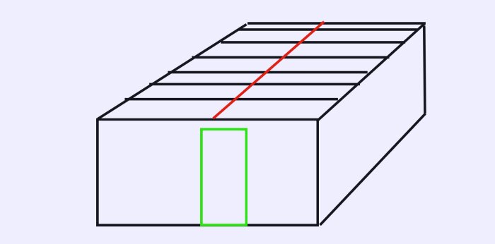 Schematisk illustration av ett bjälklag med en markerad bärande balk och föreslagen öppning.