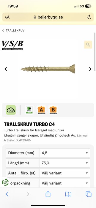 En VSB trallskruv Turbo C4 visas i närbild mot vit bakgrund på en byggvaruhemsida.