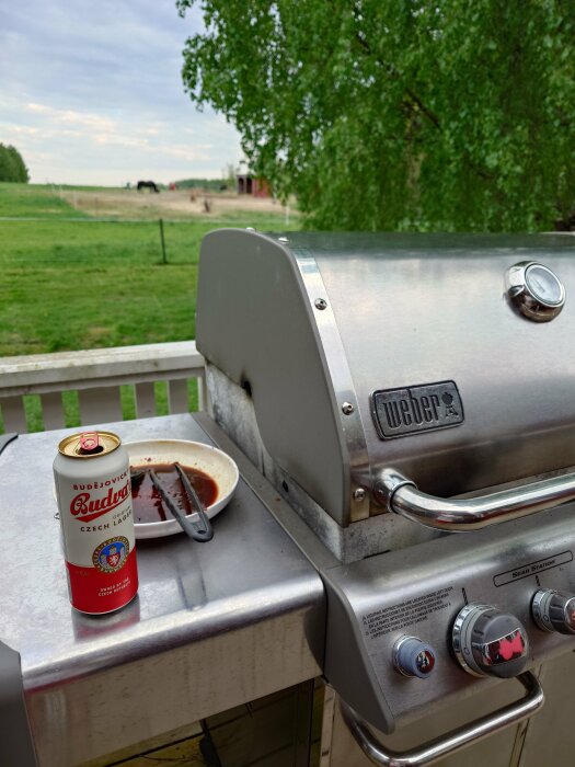 Burk Budvar-öl vid en Weber-grill på en terrass med landskapet i bakgrunden.