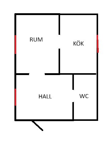 Schematisk planlösning av en stuga med markerade rum och söderriktning, fönster indikeras med rött.