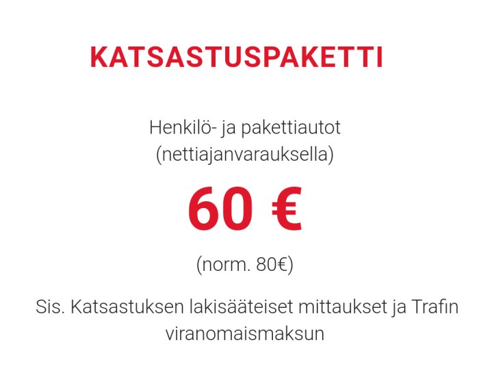 Reklam för fordonskontrollpaket med prisinformation, 60 euro istället för standardpriset 80 euro.