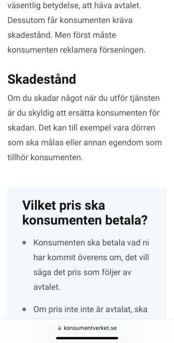 Skärmdump från Konsumentverkets webbplats som förklarar regler för skadestånd och prissättning vid fel på tjänster.