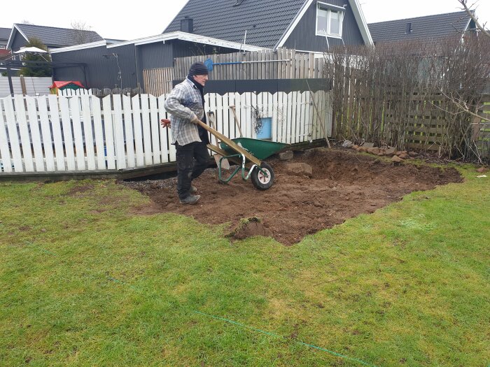 Person skottar jord med en skottkärra vid ett trädgårdsprojekt.