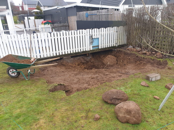 En grävd grop i en trädgård med en skottkärra full av jord, stora stenar och ett staket i bakgrunden.