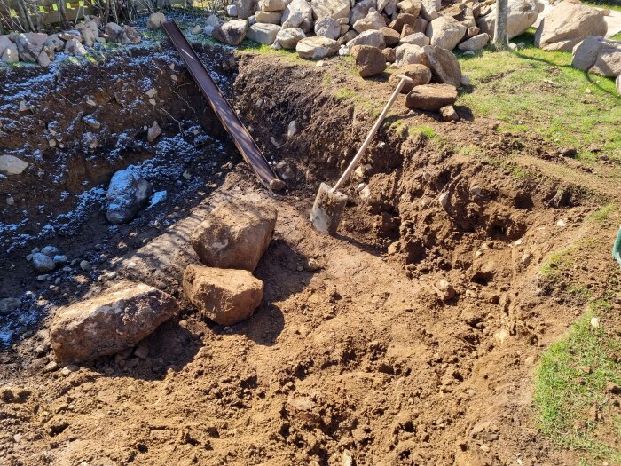 Grävd grop i trädgård med stora stenar och en spade, grävningsprojekt påbörjat.