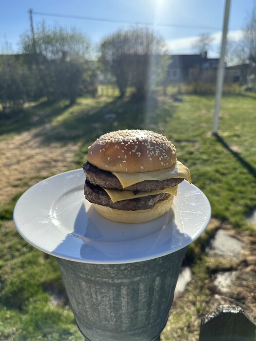 Hamburgare med smältost på en tallrik som balanseras på en grå soptunna utomhus.