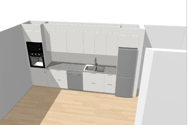 3D-rendering av ett kök med vita skåp, inbyggd ugn och mikrovågsugn samt en diskbänk.