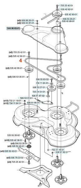 Exploded view diagram of a mechanical assembly with belts and pulleys, labeled with part numbers.