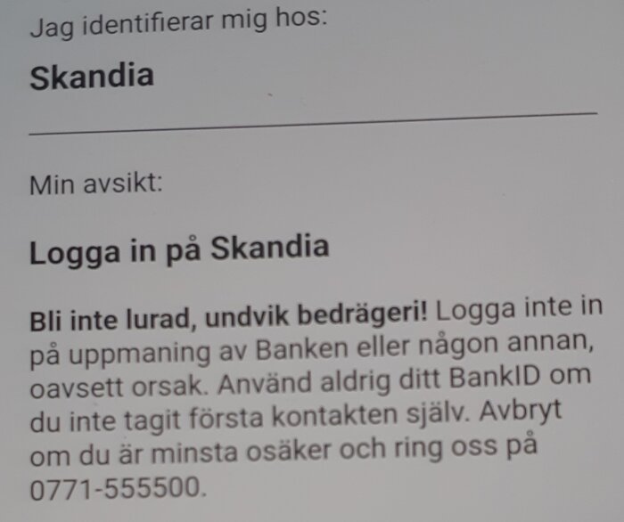 Informationsblad från Skandia med instruktioner för att undvika bedrägeri och säkert användande av BankID.