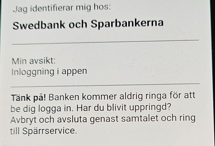 Skärmdump av bankinfo om att de inte ringer för inloggningsuppmaningar.