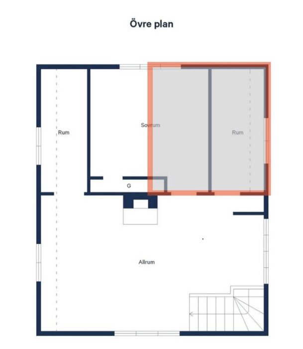 Ritning över övre plan av hus med markerade planerade byggnadsändringar för sovrum och badrum.