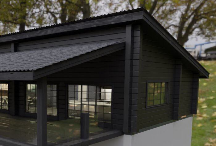 3D-rendering av en mörk altan med tak, potentiell snöfångande utformning.