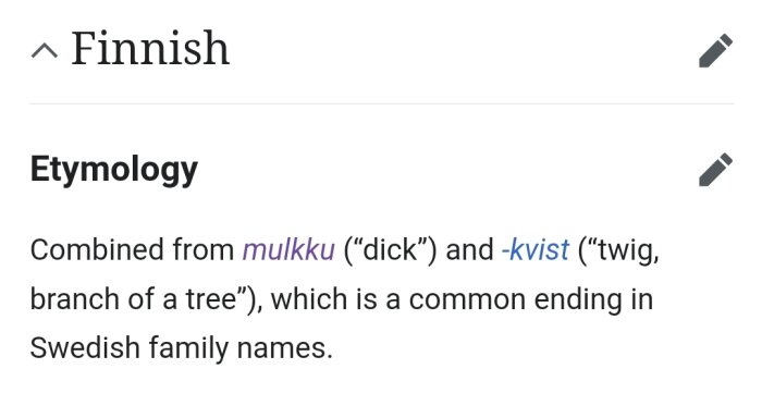 Skärmdump som visar etymologisektion på en sida, där det finska ordets ursprung beskrivs.