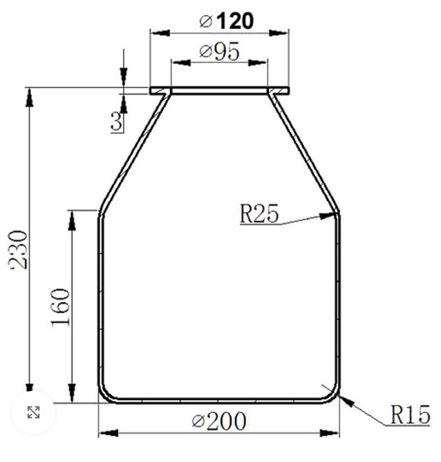 Teknisk ritning av en behållare med måttangivelser, inklusive en fläns med diametern 120mm.