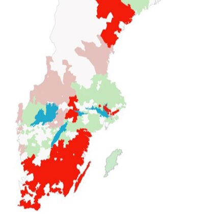 Kartbild över Sverige som visar olika regioner färgkodade för att representera olika statistiska data.
