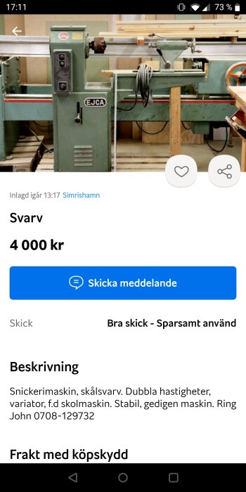 Begagnad EJCA snickerimaskin och svarv i grönt, före detta skolmaskin, med två hastighetsinställningar och mätsticka.