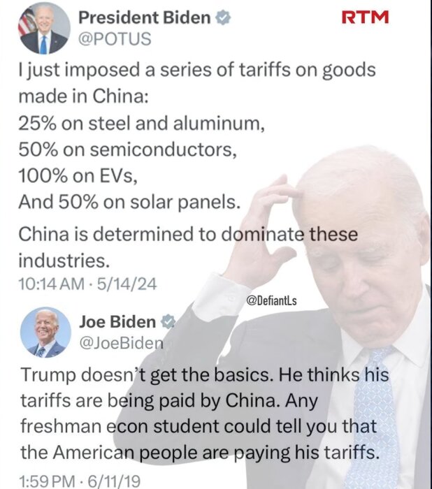 Skärmavbild av tweets av Joe Biden om handelstariffer, överlagrad bild på Biden som gestikulerar.