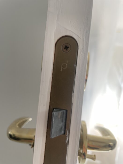 Närbild på låsmekanism med logga på en innerdörr, handtag som ej kan vridas uppåt, nyckelbrickan synlig.