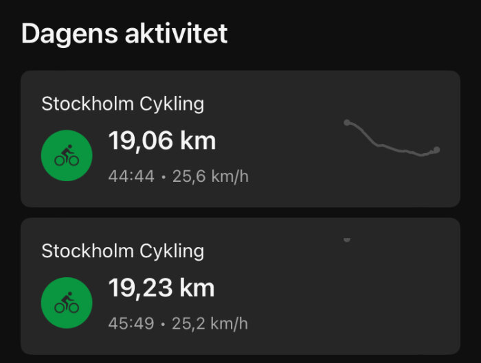 Skärmdump visar cykelaktivitetslogg i Stockholm med distans, tid och hastighet.
