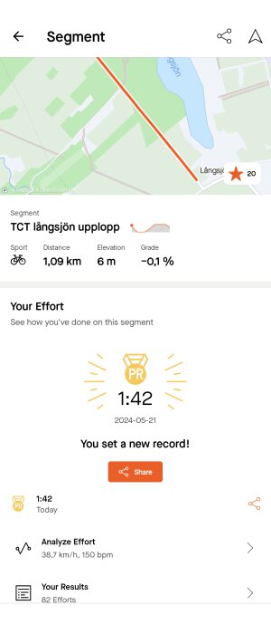 Skärmdump av sportspårningsapp visar kartsegment, tid och rekordinfografik för cykelprestation.