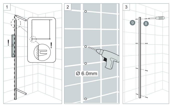 Illustration av monteringsanvisning för en väggmonterad enhet med skruvar och borr.