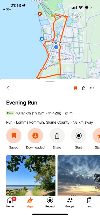 Skärmbild av en löparkarta med rutten utmärkt i Lomma kommun, Skåne, samt information om en löprunda.