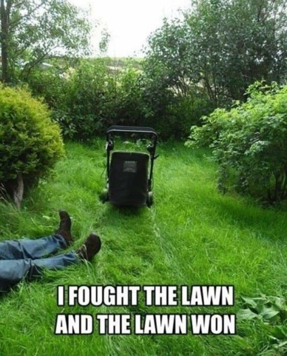 Person ligger på gräsmattan bredvid en gräsklippare med texten "I fought the lawn and the lawn won".