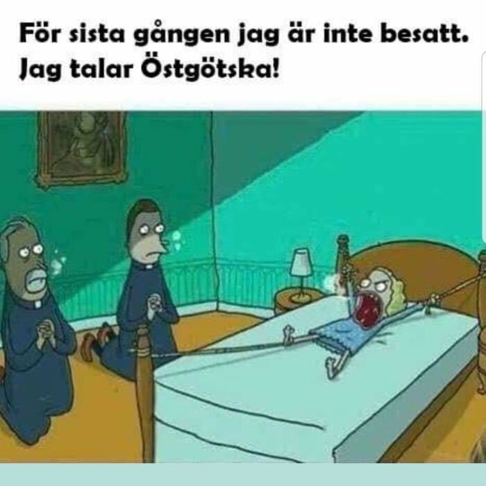 Animerad bild av person i säng med två oroliga figurer, text som skämtsamt nämner Östgötska.