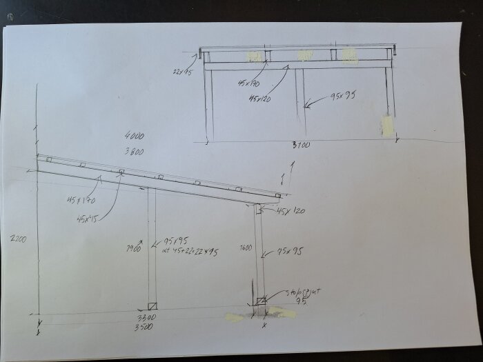 Handritad skiss av skärmtak med måttangivelser och takbalkdimensioner, 45x170 och 45x120 noterade.